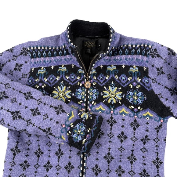 Icelandic Design Sweater M Womens Purple Pure Wool Jacket Scandinavian Floral - Picture 3 of 14
